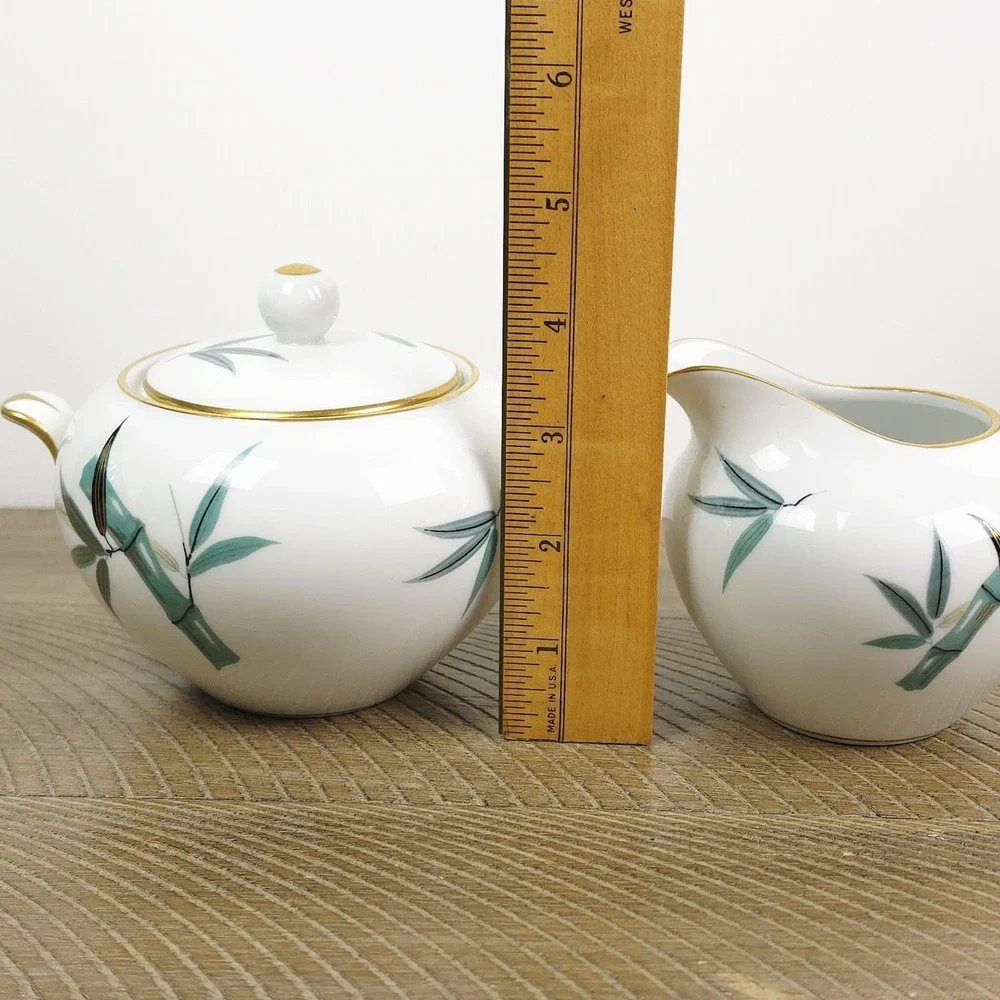 Noritake China 5540 Sugar Bowl‎ and Creamer Teal Bamboo Black Gold Leaves